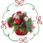 Christmas ornament bowl with greens, flowers and ribbon - Casa de Flores Christmas Workshops