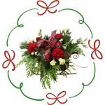 Christmas Sleigh ornament with greens, flowers and ribbon - Casa de Flores Christmas Workshops